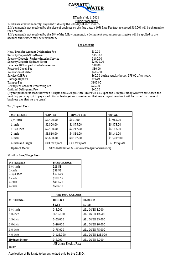 Updated Rate & Fee Schedule